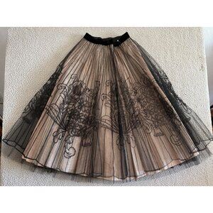 Vintage 50s Skirt Small Circle Tulle Midi Lined Floral Mesh Black Pink 1950s